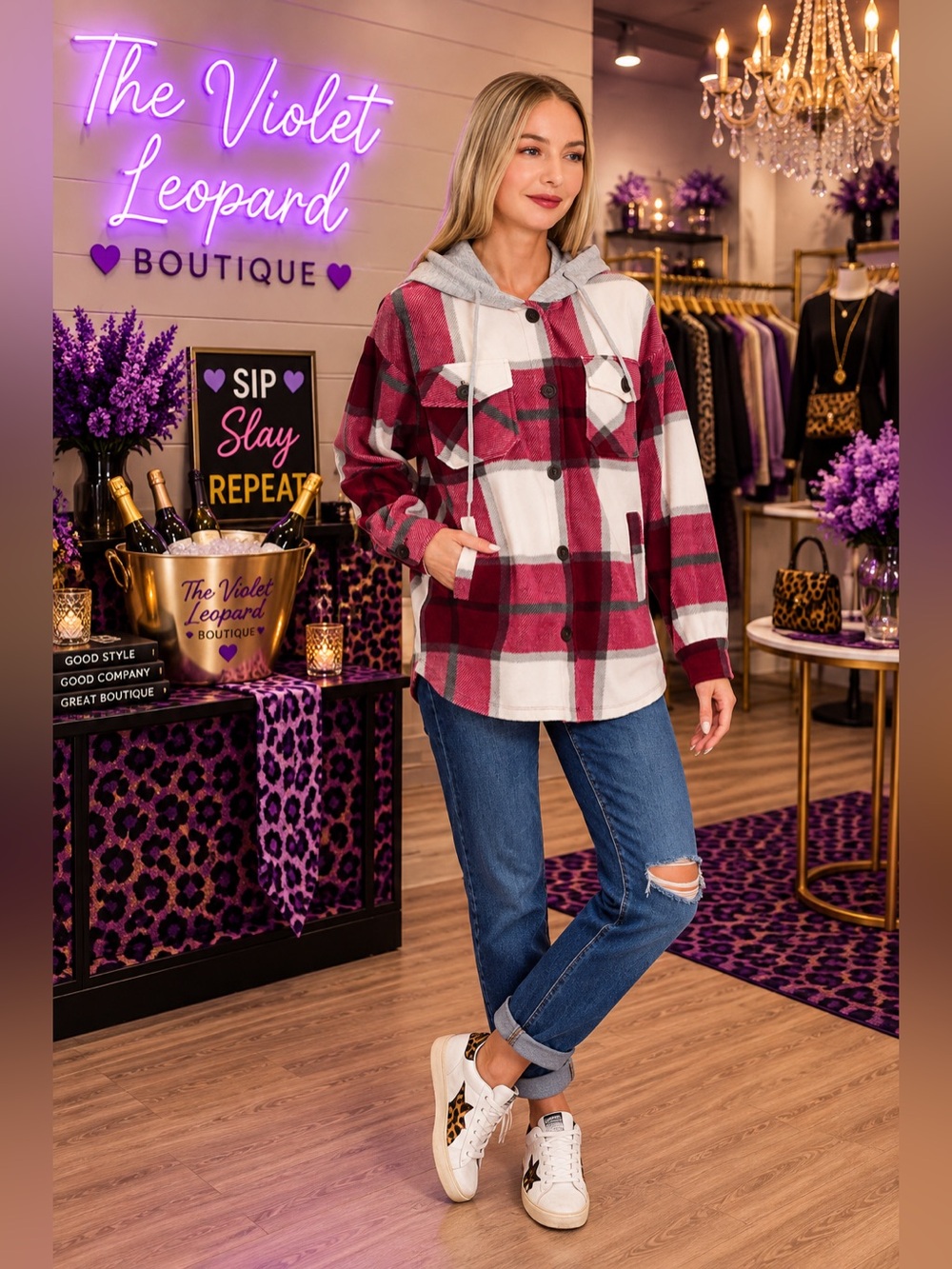 Zenana PLAID DRAWSTRING HOODED FLEECE SHACKET